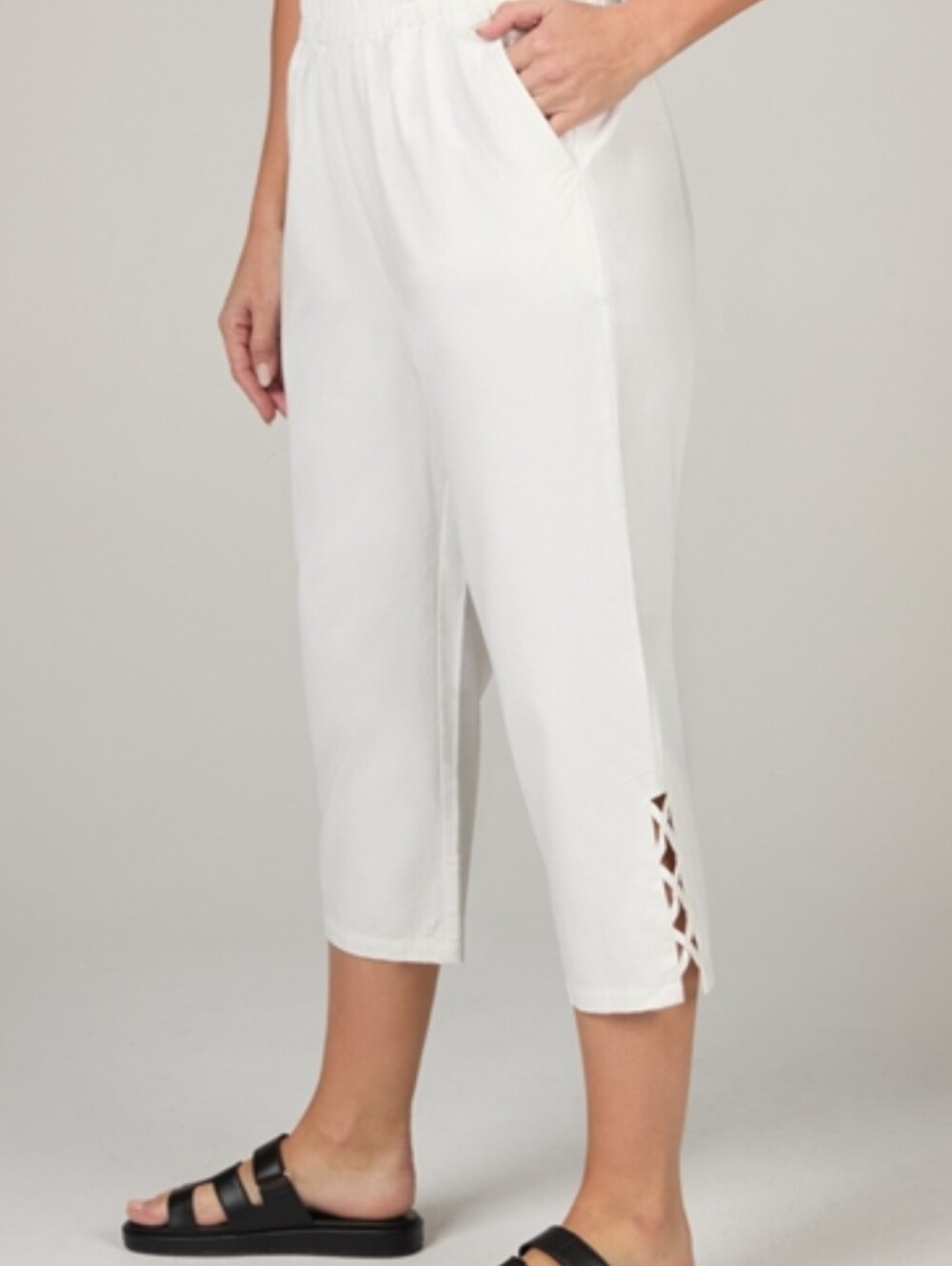 White Cropped Pull-On Pants with Side Criss Cross Detail
